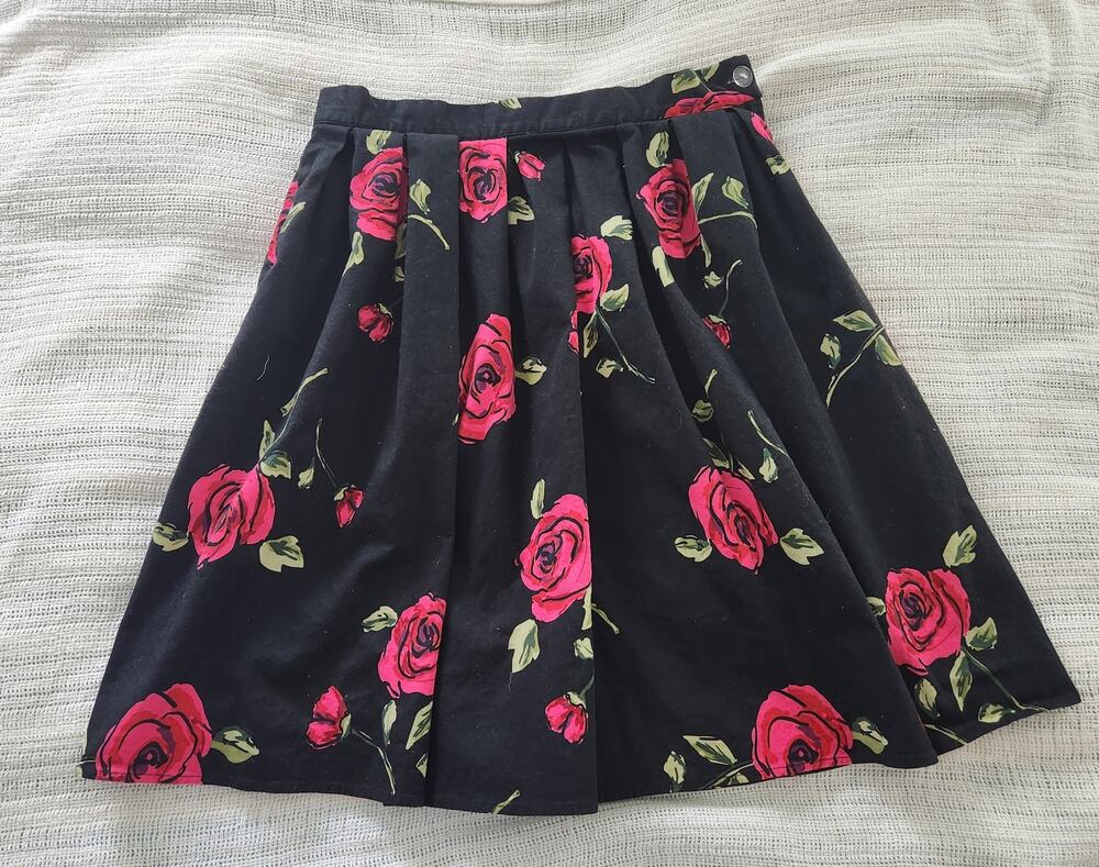 Vintage Floral Pleated A-Line Midi Skirt Cotton w/ Pockets Size M Retro Style